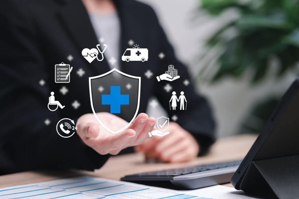 Health-related icons and shield illustration